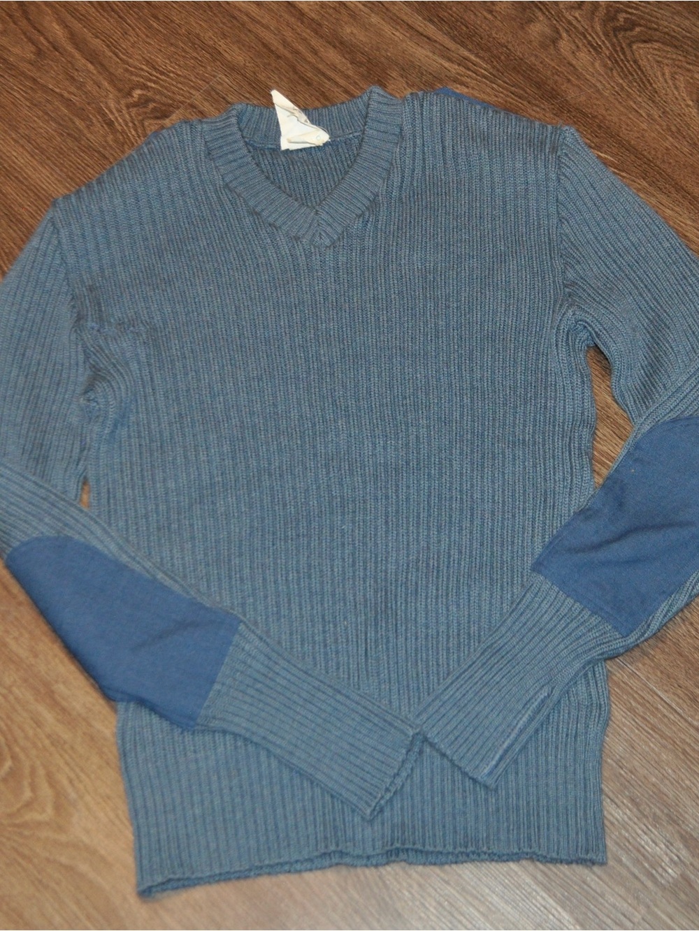 Jantzen 1988 Men's Wool Blue Ribbed V-Neck Sweater with Elbow Patches